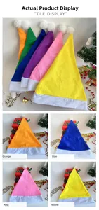 Colorful non-woven Christmas hats in blue, green, and pink with plush white pompom trim