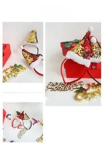 Detailed view of sequined Christmas hat headbands in red and gold with faux fur trim
