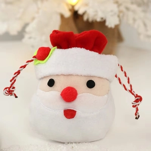 Christmas Santa Claus drawstring gift bag with soft plush fabric and festive berry accents