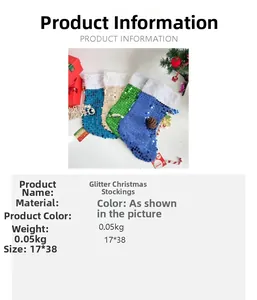 Spécifications détaillées des chaussettes de Noël à paillettes 17x38cm bleu or et vert