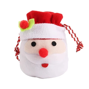 Creative Santa Claus drawstring gift bag with white faux fur beard and holly leaf detail