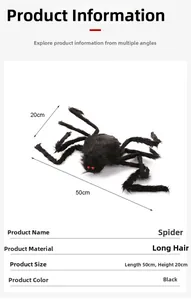 50cm Halloween black hairy spider prop with red eyes and realistic plush fur texture