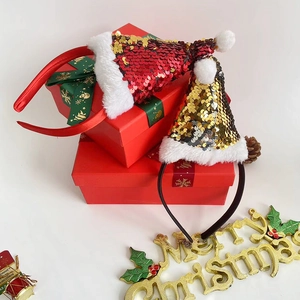 Christmas sequin hat headband set in red and gold with plush trim and Merry Christmas decor