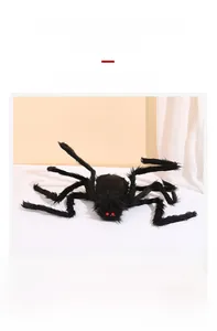 Macro detail of the plush hairy black spider with vibrant red eyes for Halloween decor