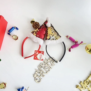 Christmas headbands with reversible sequins hat and fluffy pom pom holiday accessories
