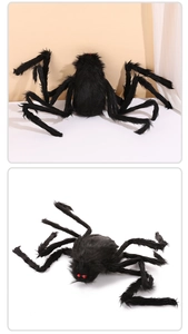 Macro shot of Halloween black furry spider decoration with realistic red beaded eyes