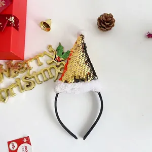 Christmas headband featuring a sequined Santa hat with festive gold and red ornaments