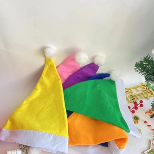 Colorful Christmas Hat For Adults Non-Woven Fabric Multi-Color Santa Hat With White Plush Trim Pompom For Xmas Holiday Party Decoration