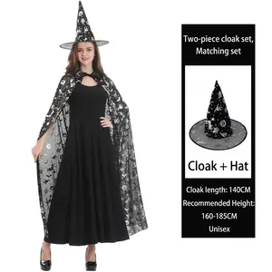 Halloween wizard cloak set with silver star moon print cape and pointed witch hat