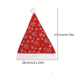 Vue détaillée du bonnet de Noël rouge avec flocons blancs et dimensions indiquées