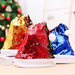 Cappello Di Natale Con Paillettes Reversibili Con Bordo In Peluche E Pompon Cambio Colore Doppio Lato Accessorio Festa