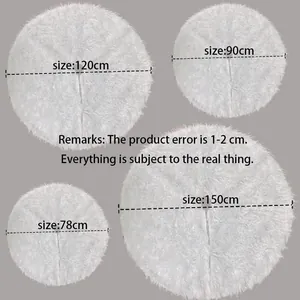 Size chart showing 78cm to 150cm diameters for white plush Christmas tree skirts