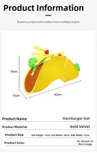 Detailed sizing chart for taco burger plush party hat with gold velvet material dimensions