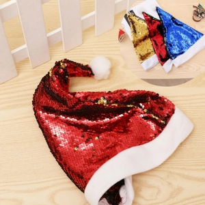 Reversible Sequin Christmas Hat Dual Tone Flip Sequins Plush Trim Santa Hat For Holiday Party Festive Xmas Decorations