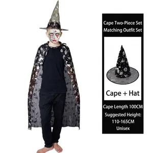 Halloween wizard cloak set with silver moon patterns and matching pointed hat for kids