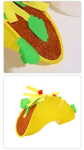 Detail showing plush taco hat texture with soft felt yellow shell and colorful fillings
