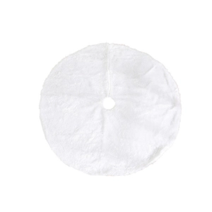 White faux fur Christmas tree skirt with plush long hair texture in a circular design