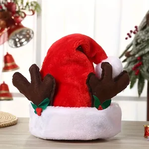 Short Plush Christmas Hat With Brown Antlers And Leaves Red White Plush Santa Hat For Christmas Party Decoration Unisex
