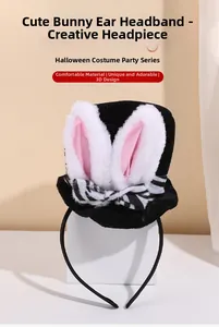 Close-up of Easter plush bunny ears on a mini top hat headband with striped bow decor