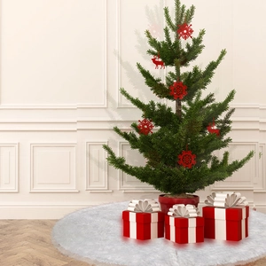 White faux fur Christmas tree skirt with plush texture and red holiday ornaments decor