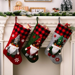 3D Gnome Christmas Stocking With Buffalo Plaid Cuff Rudolph Faceless Doll Xmas Hanging Ornament Festival Home Party Decor Gift Bag