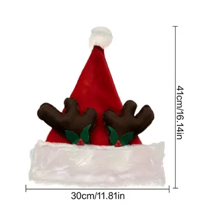Christmas plush hat with brown reindeer antlers and holly leaf decor, 30x41cm size