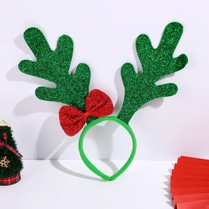 Christmas reindeer antler headband with green glitter and red bow for festive party decor