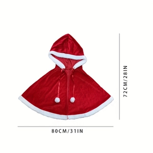 Red hooded Christmas cape with white faux fur trim and pom-poms, 72x80 cm size