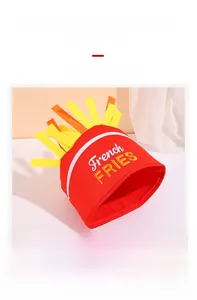 Detail of creative French Fries hat featuring red fabric and yellow felt decorations