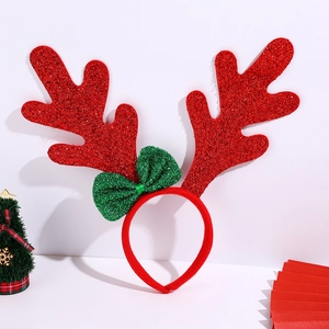 Christmas reindeer antler headband with red glitter and green bow holiday party decor