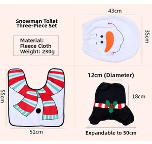 Three-piece snowman toilet cover set including mat and tank cover with dimensions