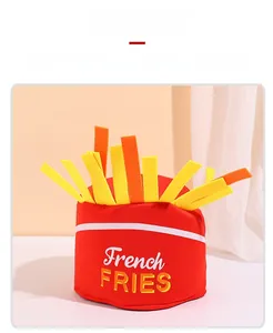 Detail view of plush French fries hat with red soft box and yellow 3D foam sticks