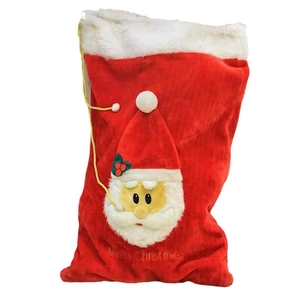 Red velvet Christmas gift bag with plush trim and Santa Claus 3D embroidery detail