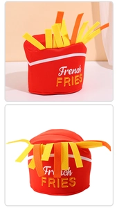 Detailed close-up of plush French Fries hat with vibrant red fabric and yellow felt details