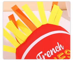 Detail view of the red felt French Fries hat with yellow plush strips and white stripes