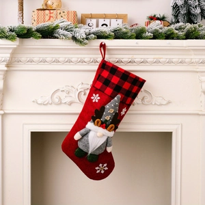 Classic red Christmas stocking with plaid cuff and 3D faceless gnome decoration hanging decor