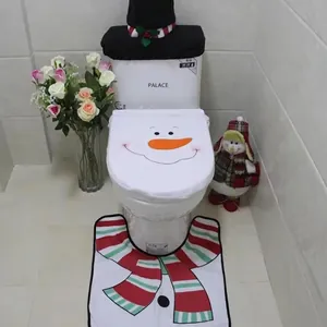 Christmas snowman toilet seat cover set with tank lid and striped floor mat decor