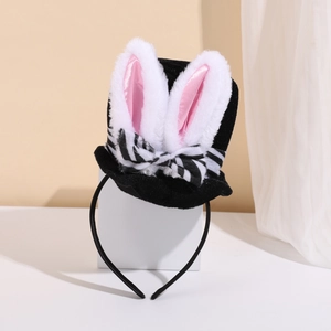 Easter rabbit ear headband with a black mini top hat and zebra pattern bow decoration