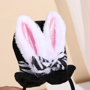 Easter plush bunny ears headband with black velvet mini top hat and zebra bow
