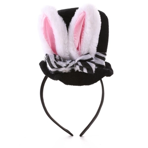 Easter party headband with mini black top hat, plush bunny ears and striped bow decoration