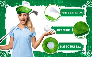 Detail of golf hat featuring white flag, soft green fabric and plastic golf ball accessory