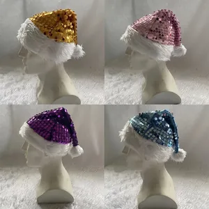 Bonnet de Noël à Paillettes Scintillant Chapeau de Père Noël avec Bordure en Peluche Pour Adultes Enfants Décoration de Fête