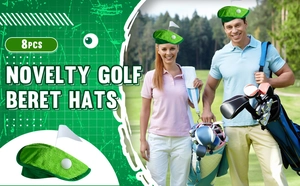 Set of 8 novelty green grass golf beret hats with flag and ball detail for parties
