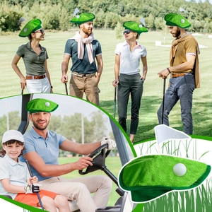 Detailed view of plush green golf grass beret with white flag and ball accessory