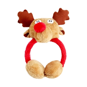 Plush Christmas reindeer headband with red nose and brown antlers on white background