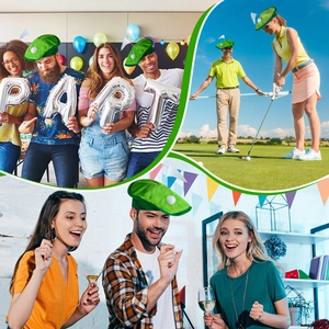 Collage of green golf beret with white flag and ball for sports themed parties