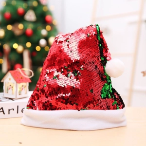 Cappello di Natale con paillettes reversibili rosse e verdi e bordo in peluche bianco