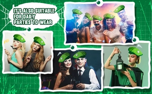 Detail view of a green velvet golf party beret hat featuring a white ball and flag