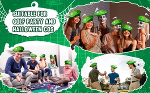 Detail of golf green beret featuring a miniature golf ball and flag for party costume