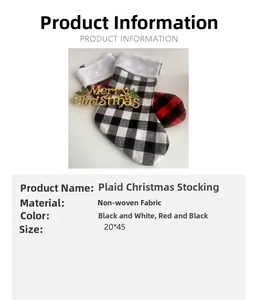 Close-up of red and black buffalo plaid Christmas stockings with plush white cuffs